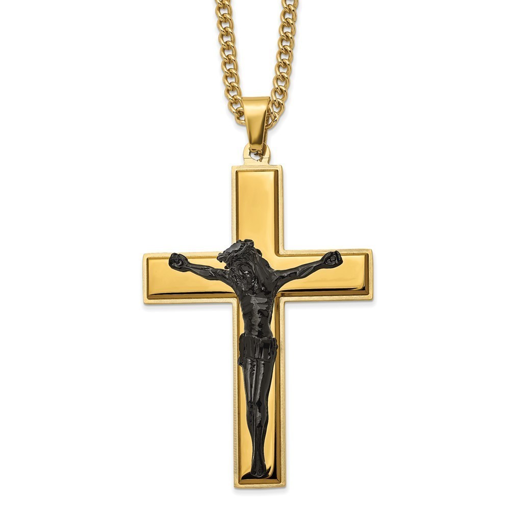 Chisel Stainless Steel Black Yellow IP-plated Crucifix Charm  24" Curb Necklace